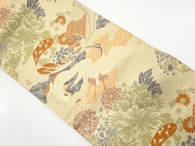 JAPANESE KIMONO / ANTIQUE MARU OBI / WOVEN CRANE & FLORAL PLANTS